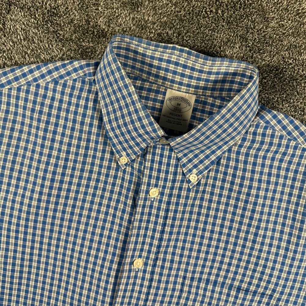 Brooks Brothers Shirt Mens M Regent Blue Checkered Button Down Short Sleeve 1818